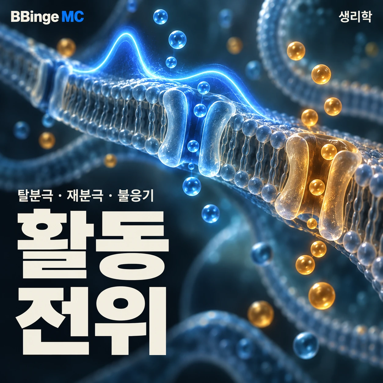 활동전위. 탈분극·재분극·불응기와 막 통로를 본뜬 편집 표지 · AI 생성 삽화