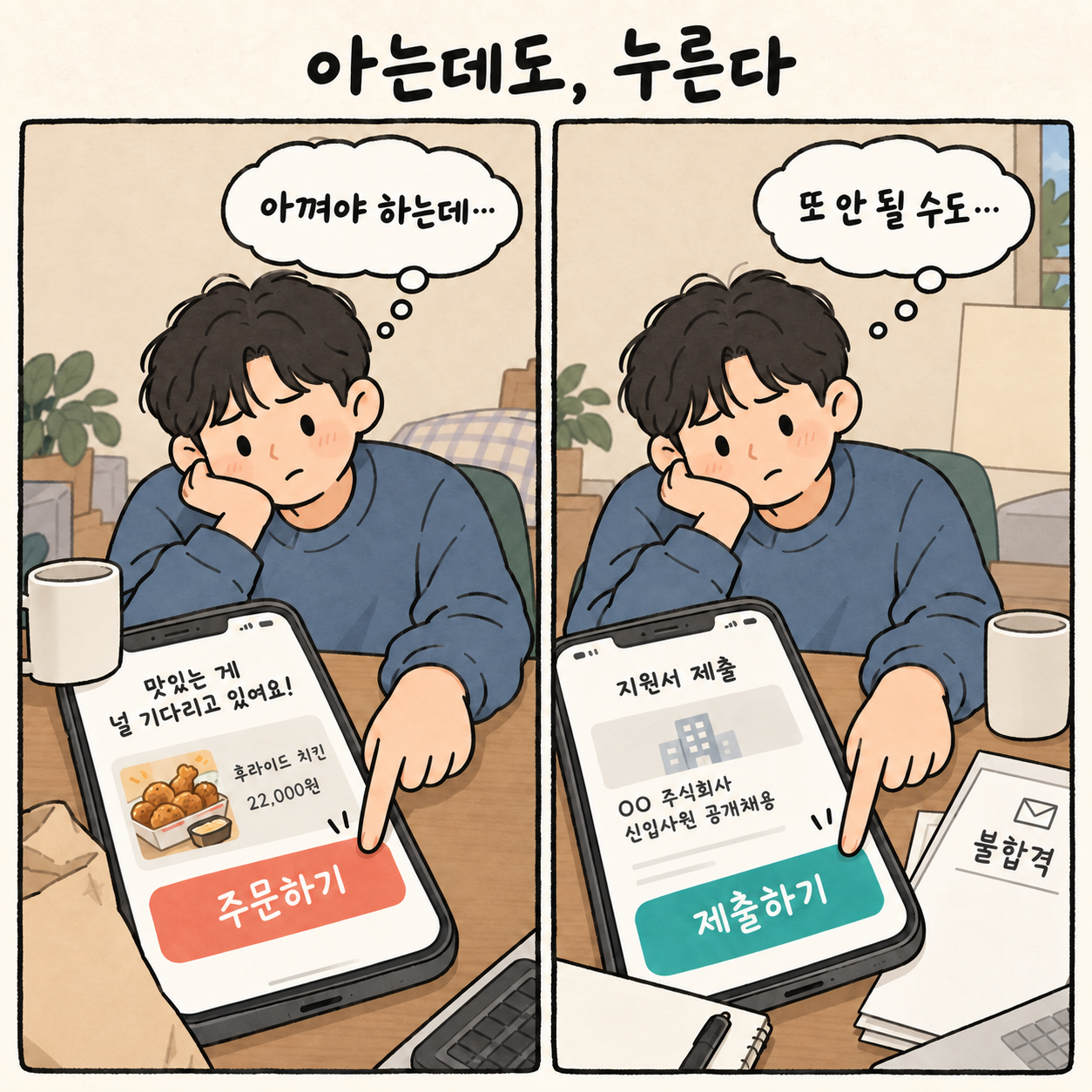 같은 인물이 아껴야 한다고 생각하면서 주문하기를, 또 떨어질 수 있다고 생각하면서 제출하기를 누르는 두 컷 웹툰