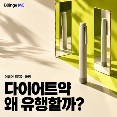 이름이 퍼지는 과정. 다이어트약, 왜 유행할까? 주사펜과 거울을 배치한 편집 표지 · AI 생성 삽화
